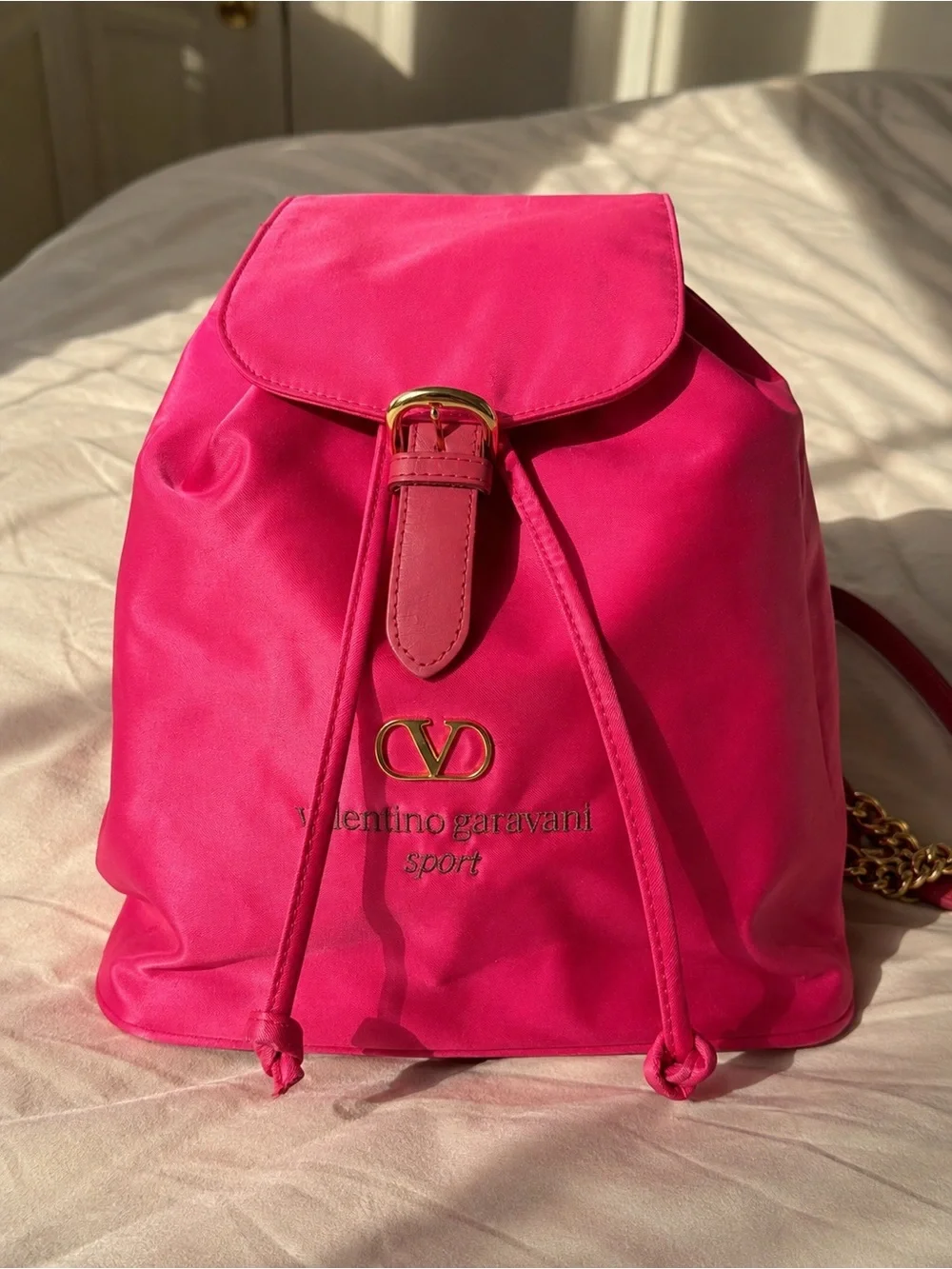 Valentino Garavani Fuchsia Drawstring Backpack with Gold-Tone Logo